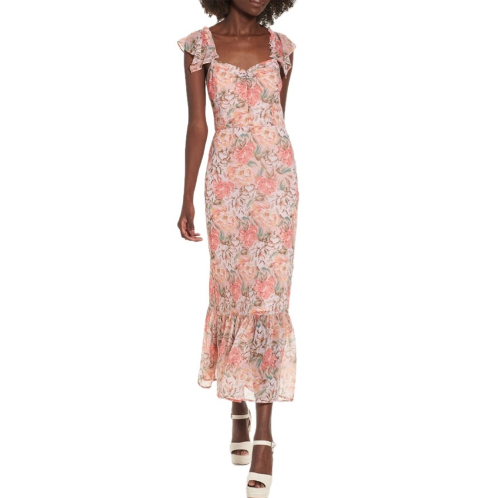 Nordstrom WAYF Valerie Blouson Floral Ruffle Sleeve Midi Dress Small
